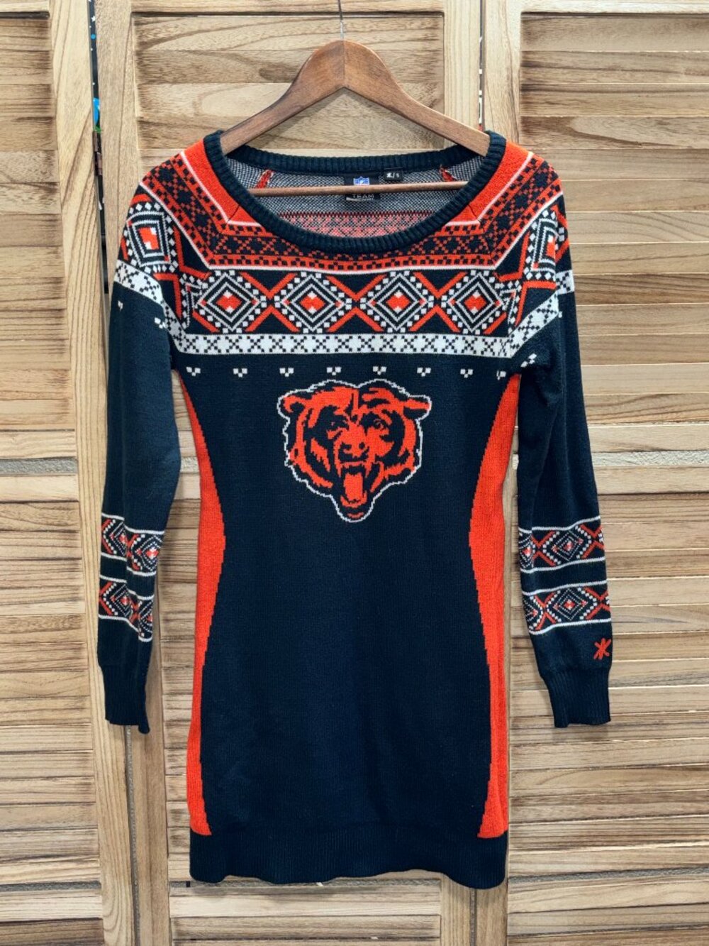 NFL Team Apparel Chicago Bears Fair Isle Knit Sweater Dress Navy Orange | Small
